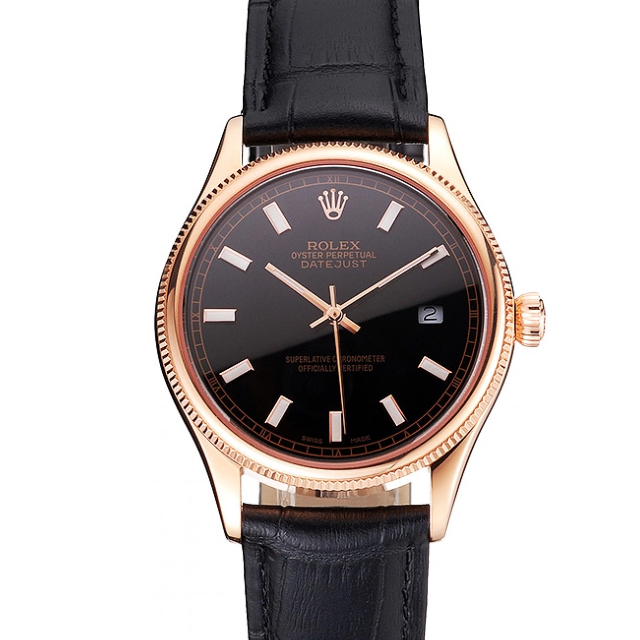 Black Datejust Case Rose Black Swiss Leather Rolex Gold Dial Strap 0603